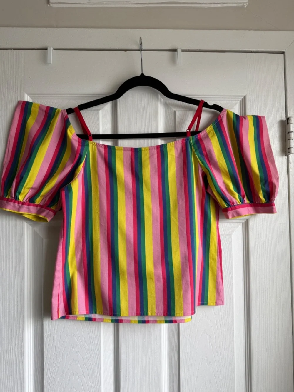 STAUD Rainbow Stripe Ruby Cold Shoulder Puff Sleeve Top Size S